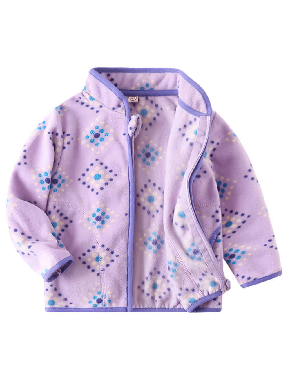 Cute purple fleece jacket for kids with playful print, open view - Stylish Fleece Jacket with Print for Boys and Girls - SF3537